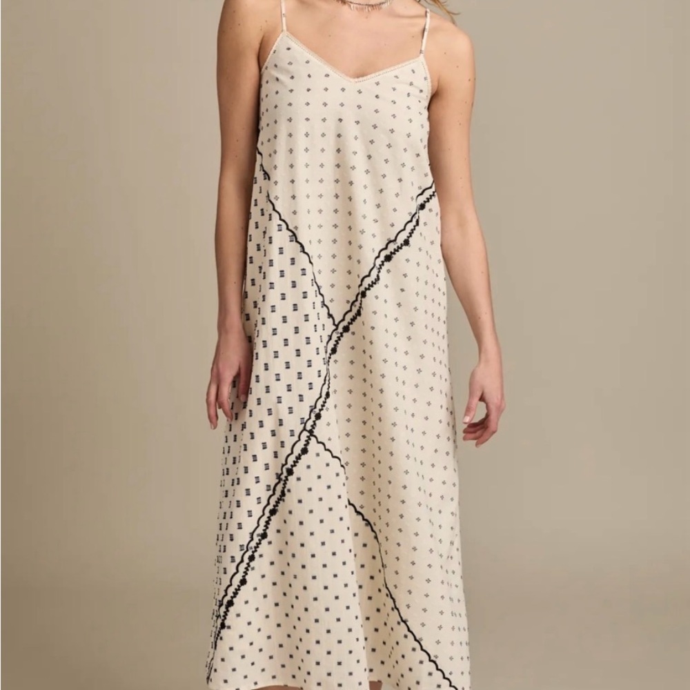 Lucky Brand Cream Maxi Dress with Black Accent Stitching and Dot Pattern